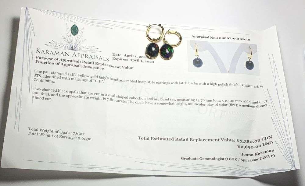 7.80ct Black Opal Oval 14k Yellow Gold Drop Style Earrings (2.7g): Winner shall receive the exact Item shown here. (MR)