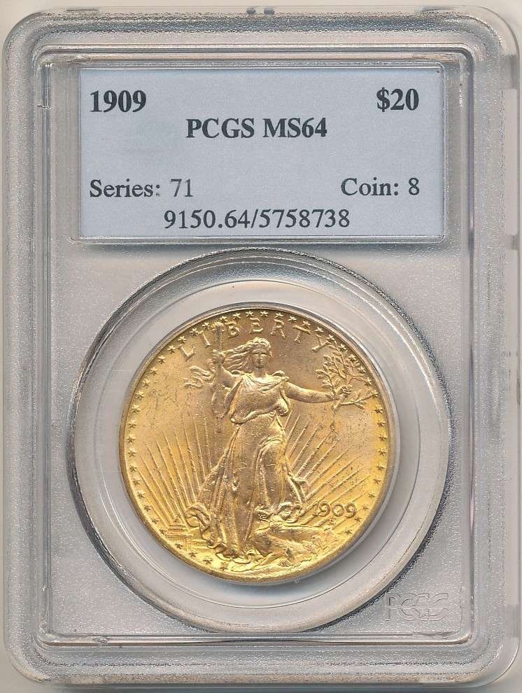 Last Minute! 1909 Gold $20 Saint Gaudens PCGS MS64: We are proud to offer a deal that has been put away for a generation. Winner shall receive the exact coin shown here. (RR/SOMP=LOFK)