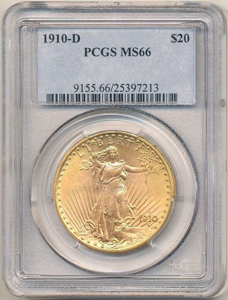 Last Minute! 1910-D Gold $20 Saint Gaudens PCGS MS66: We are proud to offer a deal that has been put away for a generation. Winner shall receive the exact coin shown here. (RR/SOMP=LOFK)