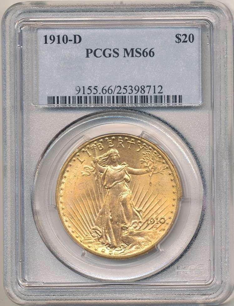 Last Minute! 1910-D Gold $20 Saint Gaudens PCGS MS66: We are proud to offer a deal that has been put away for a generation. Winner shall receive the exact coin shown here. (RR/SOMP=LOFK)