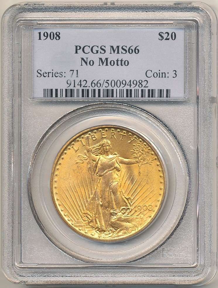 Last Minute! 1908 Gold $20 Saint Gaudens PCGS MS66 No Motto: We are proud to offer a deal that has been put away for a generation. Winner shall receive the exact coin shown here. (RR/SOMP=LOFK)