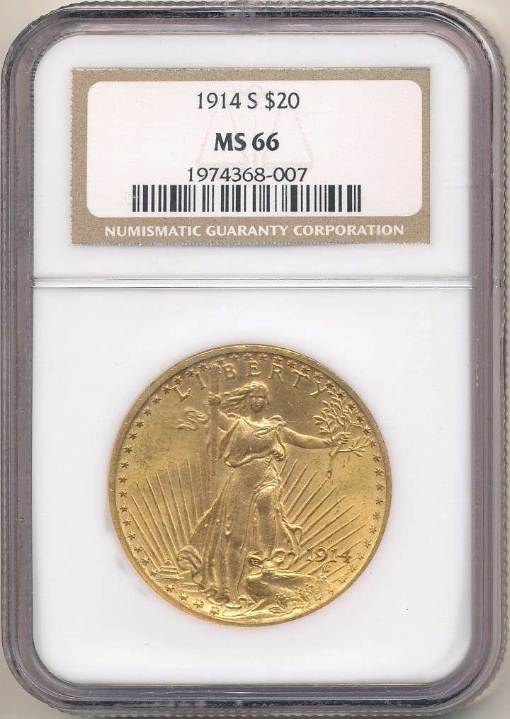 Last Minute! 1914-S Gold $20 Saint Gaudens NGC MS66: We are proud to offer a deal that has been put away for a generation. Winner shall receive the exact coin shown here. (RR/SOMP=LOFK)