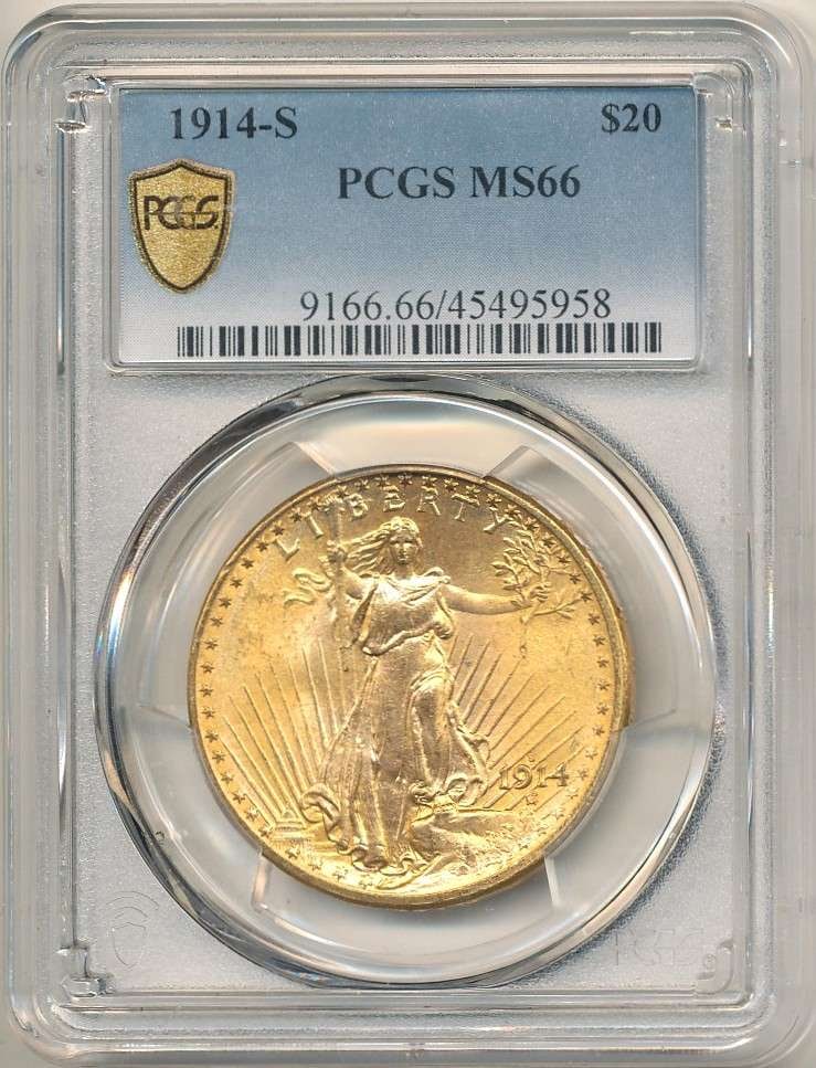 Last Minute! 1914-S Gold $20 Saint Gaudens PCGS MS66: We are proud to offer a deal that has been put away for a generation. Winner shall receive the exact coin shown here. (RR/SOMP=LOFK)