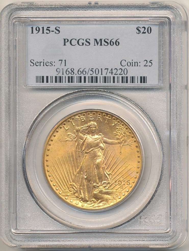 Last Minute! 1915-S Gold $20 Saint Gaudens PCGS MS66: We are proud to offer a deal that has been put away for a generation. Winner shall receive the exact coin shown here. (RR/SOMP=LOFK)