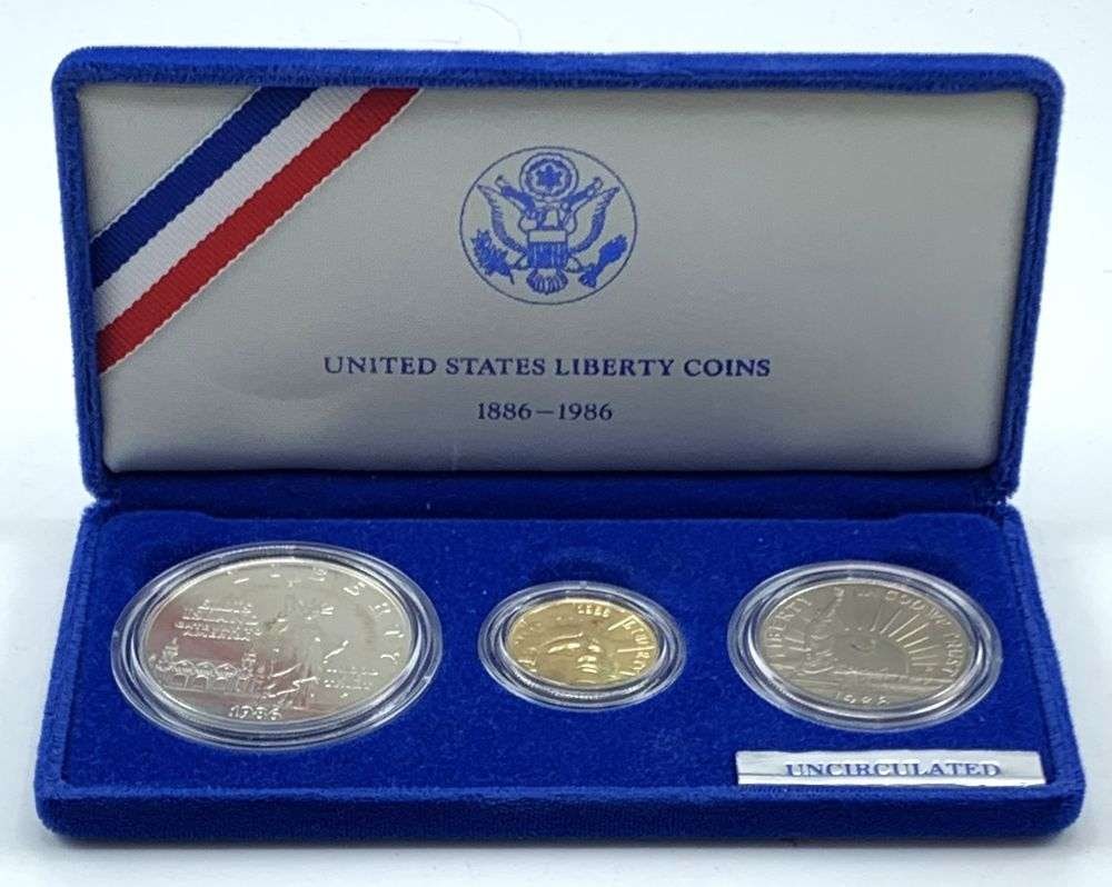 Last Minute! 1986 Statue of Liberty Gold $5 & Silver Commemorative Set (3-coins): Winner shall receive the exact set (3-coins) shown here. (MR/LBBB)
