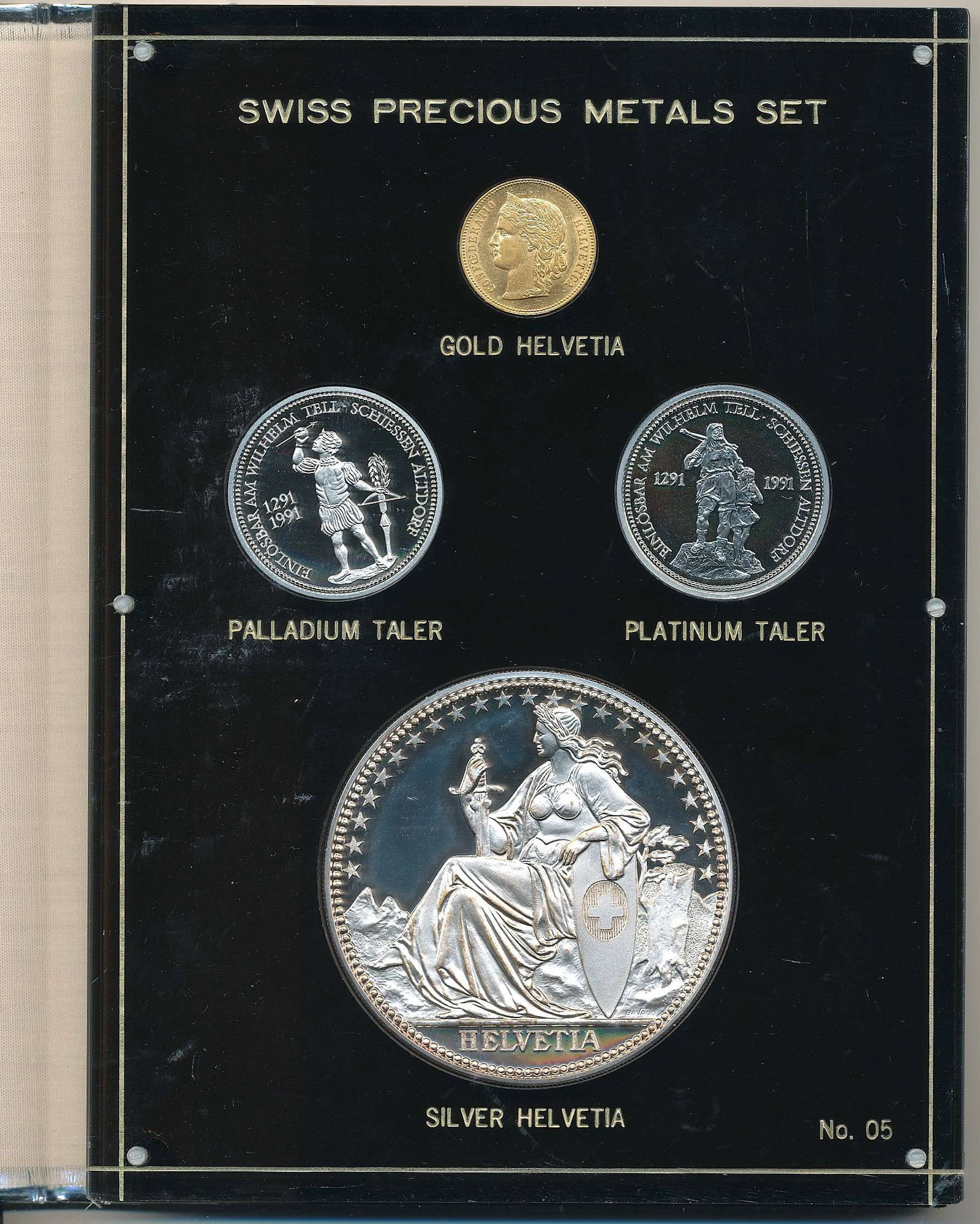 Last Min! Rare Swiss Precious Metals Gold, Palladium, Platinum & Silver Helvetia/Taler Set (4-coins): The gold is 0.1867 ozt AGW, the palladium is 1 ozt, the platinum is 1 ozt, and the silver is 5 ozt. This is the (1) and only set like this and it is quite rare. Winner shall receive the exact set (4-c