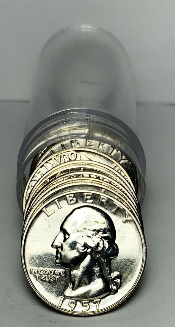 Last Minute! Roll (10) 1957 Washington Proof Silver Quarter: Winner shall receive the exact roll (10-coins) shown here. (MR/LEI)