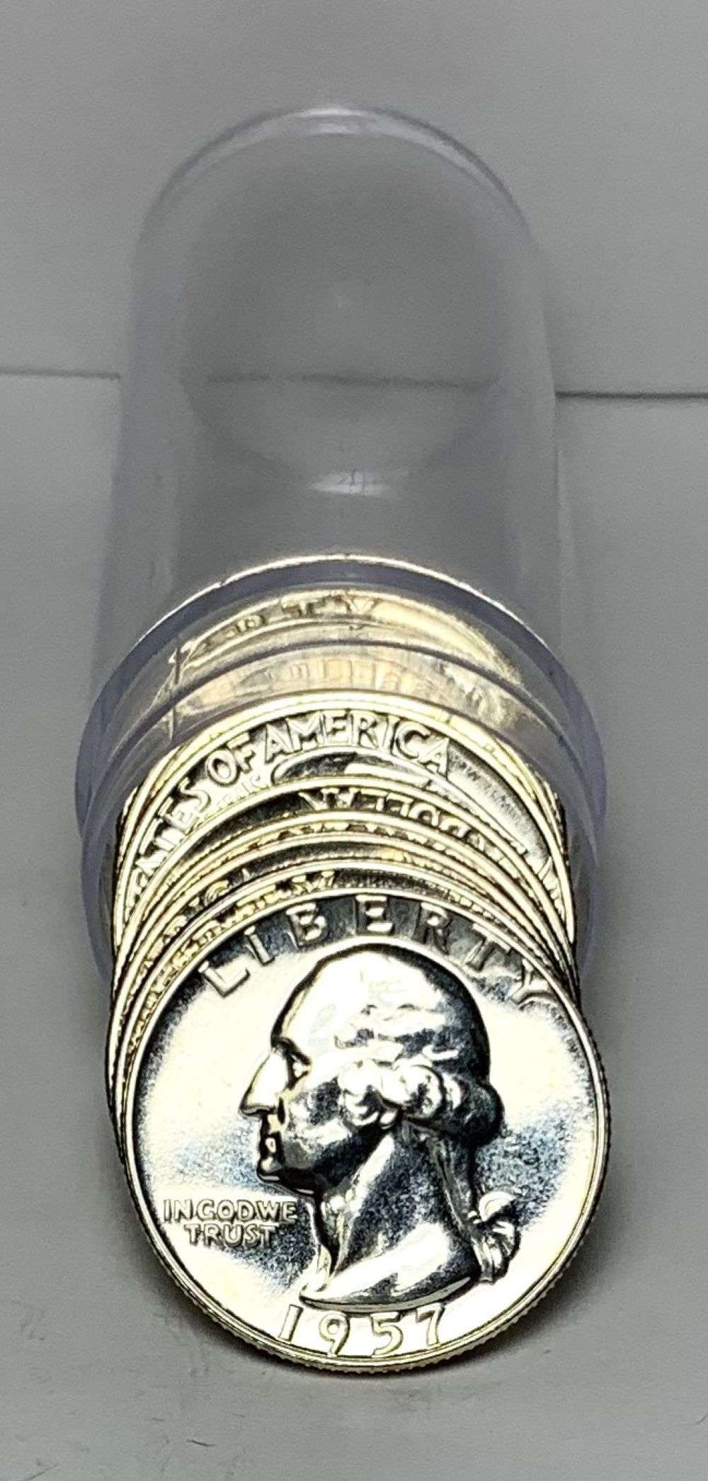 Last Minute! Roll (10) 1957 Washington Proof Silver Quarter: Winner shall receive the exact roll (10-coins) shown here. (MR/LEI)