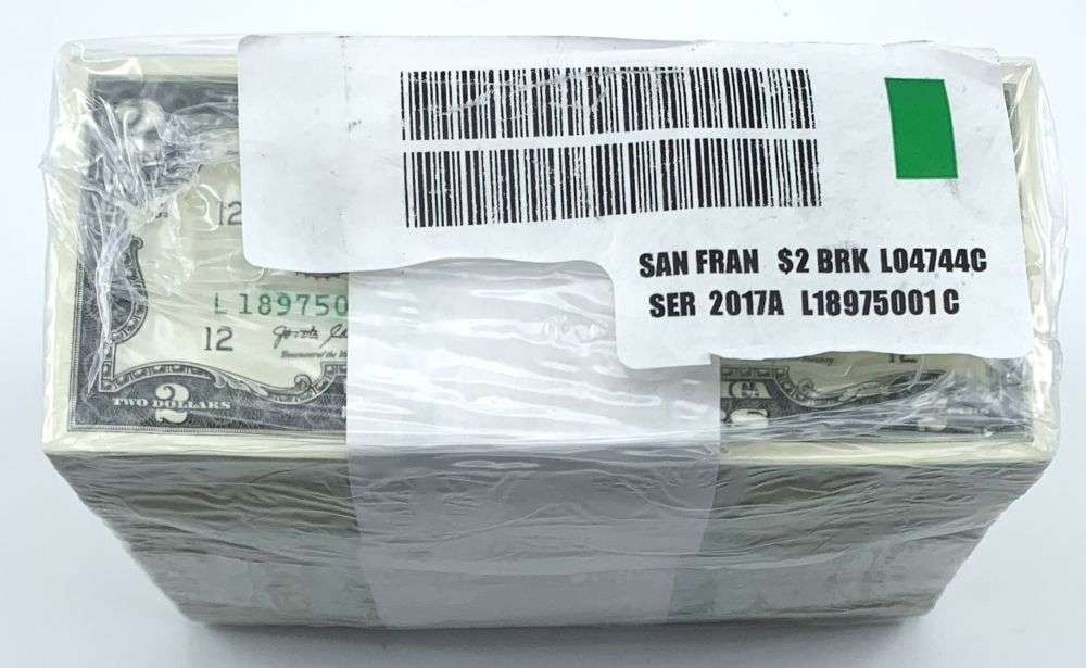 Last Minute! Treasury Sealed Brick $2,000 FV Bank Wrapped San Francisco 2017A $2 Notes (1,000-notes): Winner shall receive the exact (1,000) notes shown here. (MR/TVC=B)