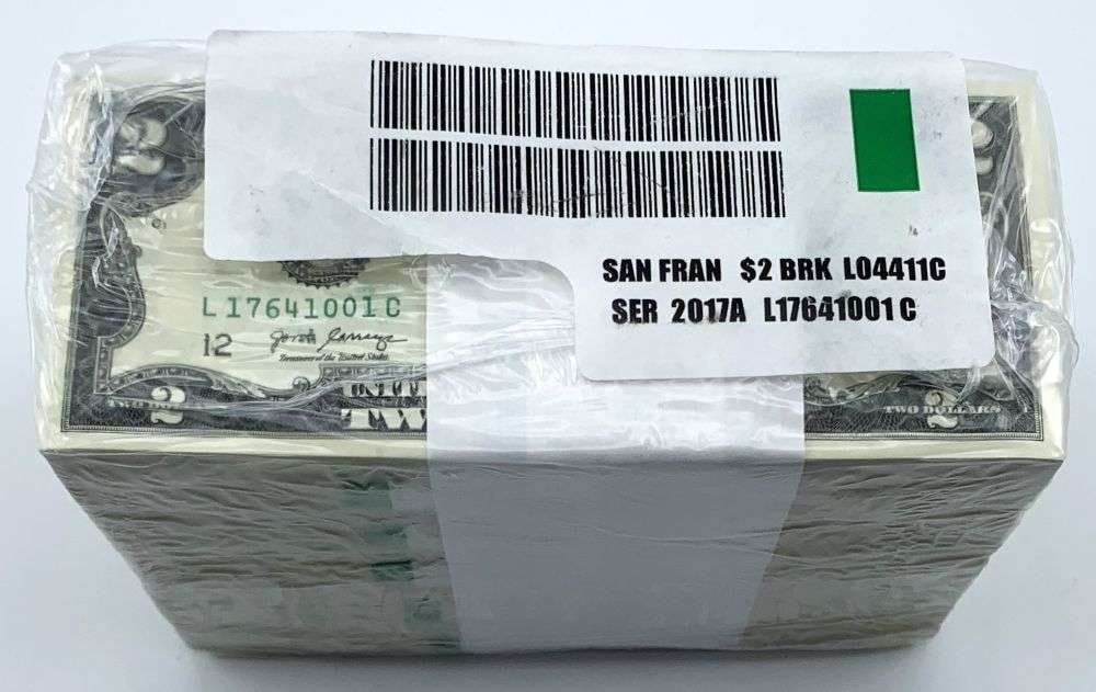 Last Minute! Treasury Sealed Brick $2,000 FV Bank Wrapped San Francisco 2017A $2 Notes (1,000-notes): Winner shall receive the exact (1,000) notes shown here. (MR/TVC=B)