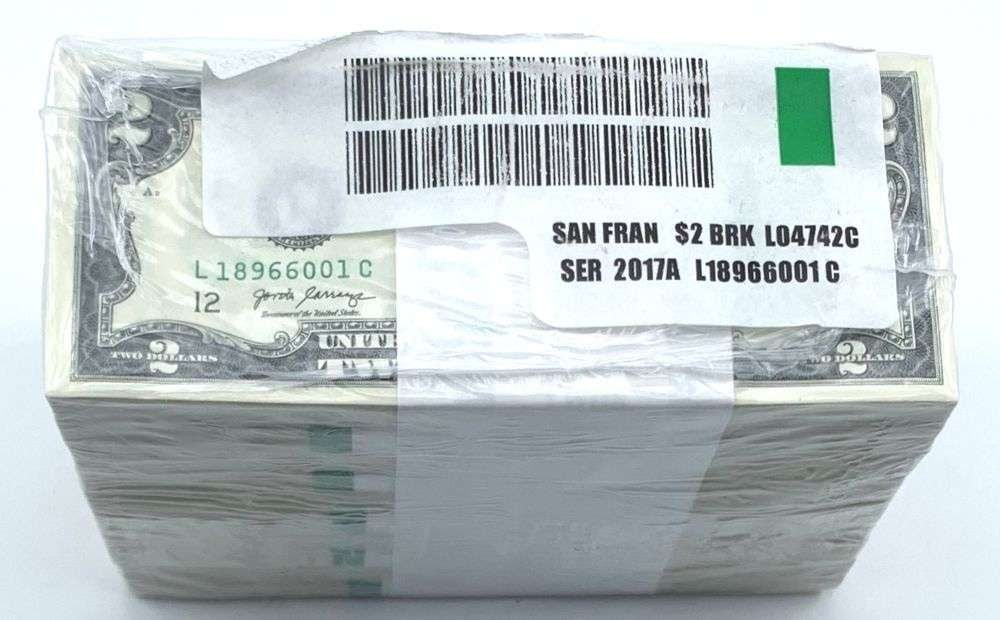 Last Minute! Treasury Sealed Brick $2,000 FV Bank Wrapped San Francisco 2017A $2 Notes (1,000-notes): Winner shall receive the exact (1,000) notes shown here. (MR/TVC=B)