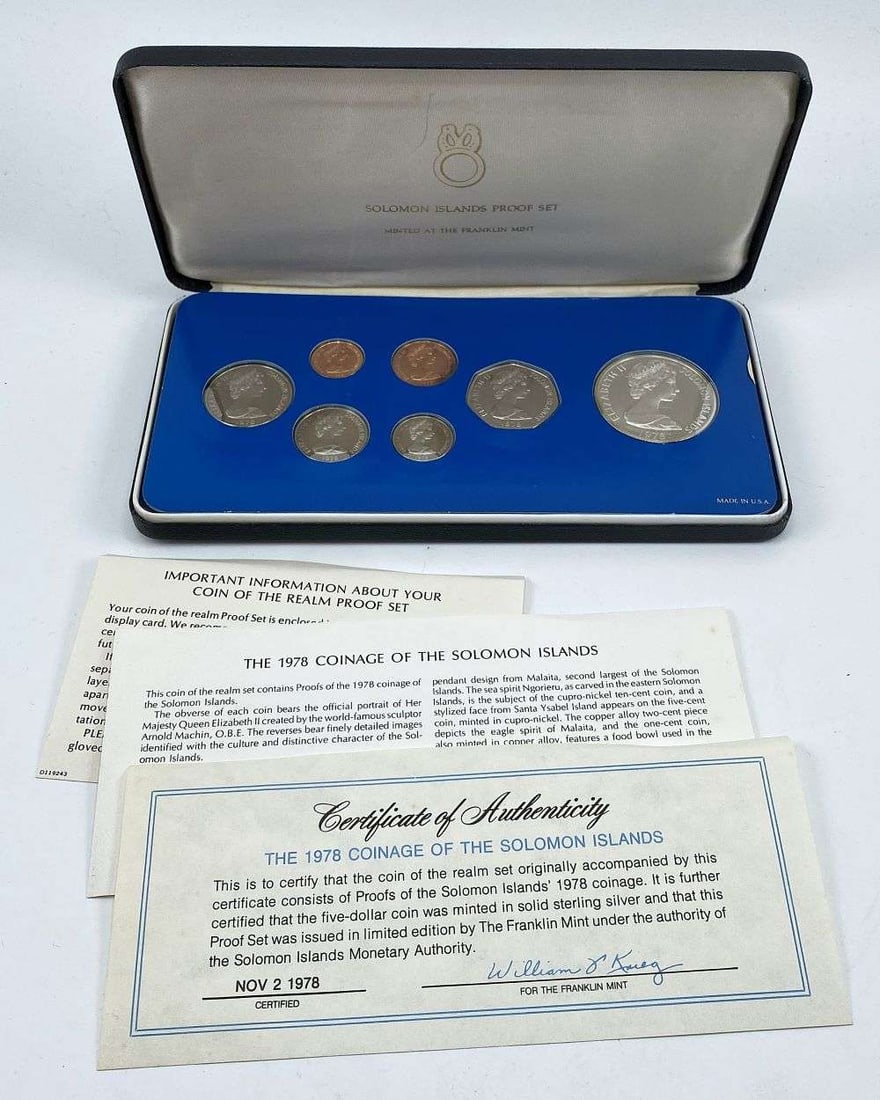 1978 Solomon Islands Proof Set (7-coins): The $5 coin is solid sterling silver. Winner shall receive the exact set (7-coins) shown here. (RR/B)