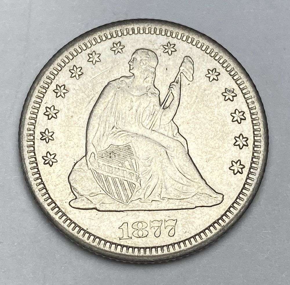 1877-CC Seated Liberty Silver Quarter MS63 Details: Winner shall receive the exact coin shown here. (RR/UUR)