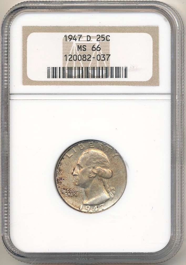 1947-D Washington Silver Quarter NGC MS66: Winner shall receive the exact coin shown here. (RR/TVC=B)