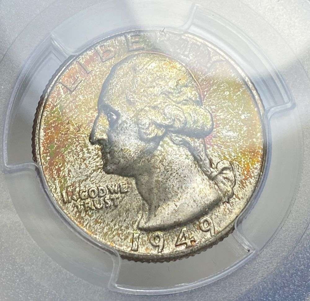 Toned 1949 Washington Silver Quarter PCGS MS66+: Winner shall receive the exact coin shown here. (RR/TVC=B)