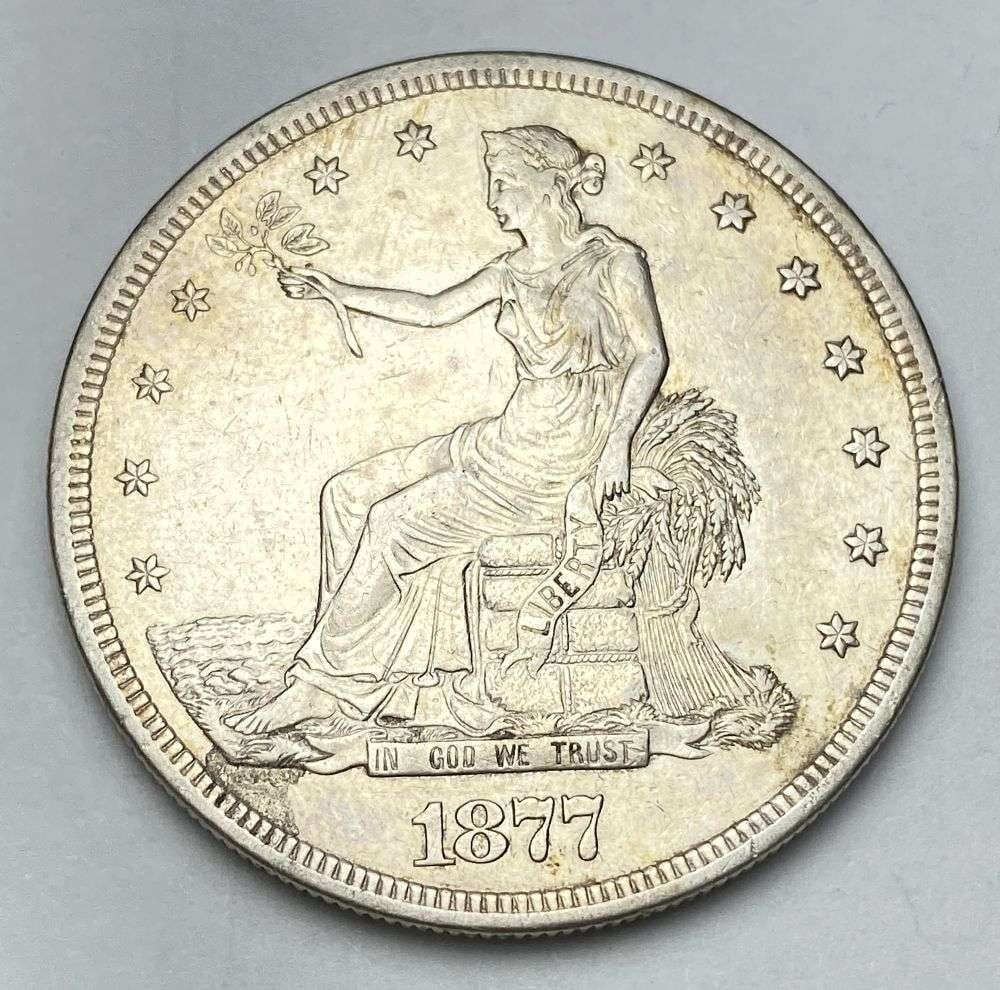 1877-S Trade Silver Dollar MS62 Details: Winner shall receive the exact coin shown here. (RR/PB)