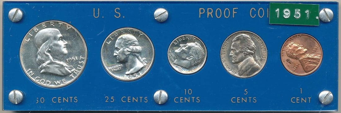 Rare Original 1951 United States Proof Set (5-coins): We call this half dollar shown cameo. This coin alone should be worth over $1,000. Winner shall receive the exact set (5-coins) shown here. (RR/PRB)