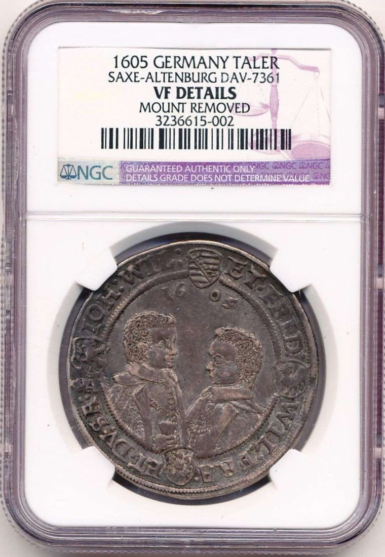1605 Germany Taler Silver Saxe-Altenburg NGC VF Details: Winner shall receive the exact coin shown here. (MR/TVC=B)