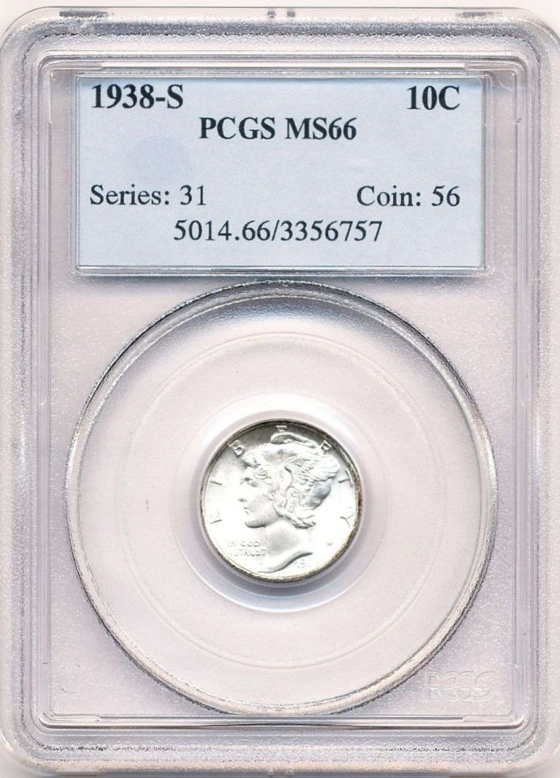 1938-S Mercury Silver Dime PCGS MS66: Winner shall receive the exact coin shown here. (MR/TVC=B)