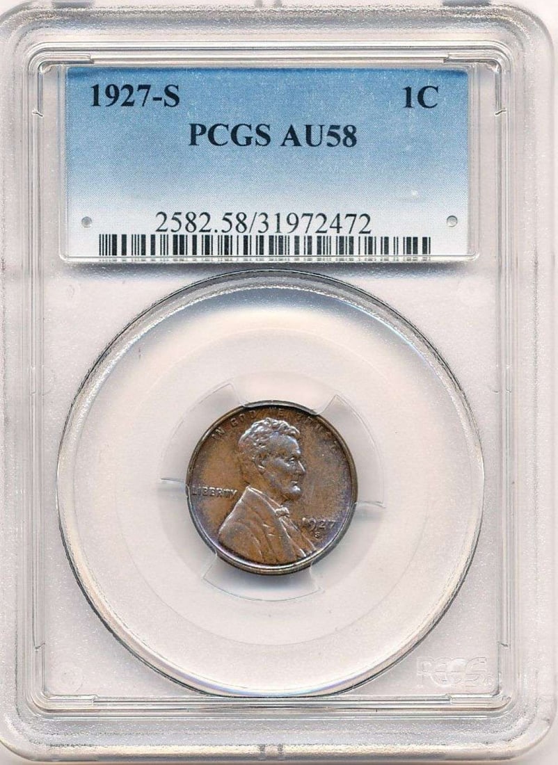 1927-S Lincoln Cent PCGS AU58: Winner shall receive the exact coin shown here. (MR/TVC=B)