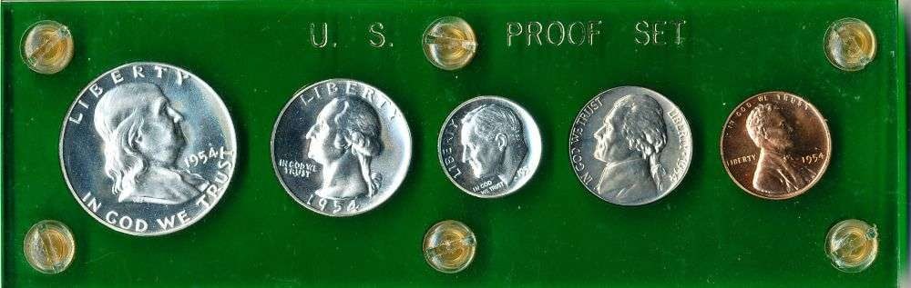 1954 United States Silver Proof Set (5-coins): The franklin silver half dollar is graded at PR67 cameo. Winner shall receive the exact set (5-coins) shown here. (MR/RB)
