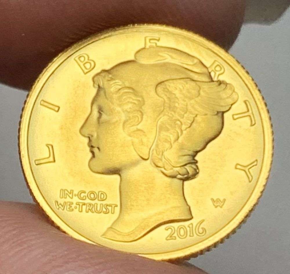 2016-W Mercury Dime 1/10 ozt 24k Gold MS67+: Winner shall receive the exact coin shown here. (MR/EBB)