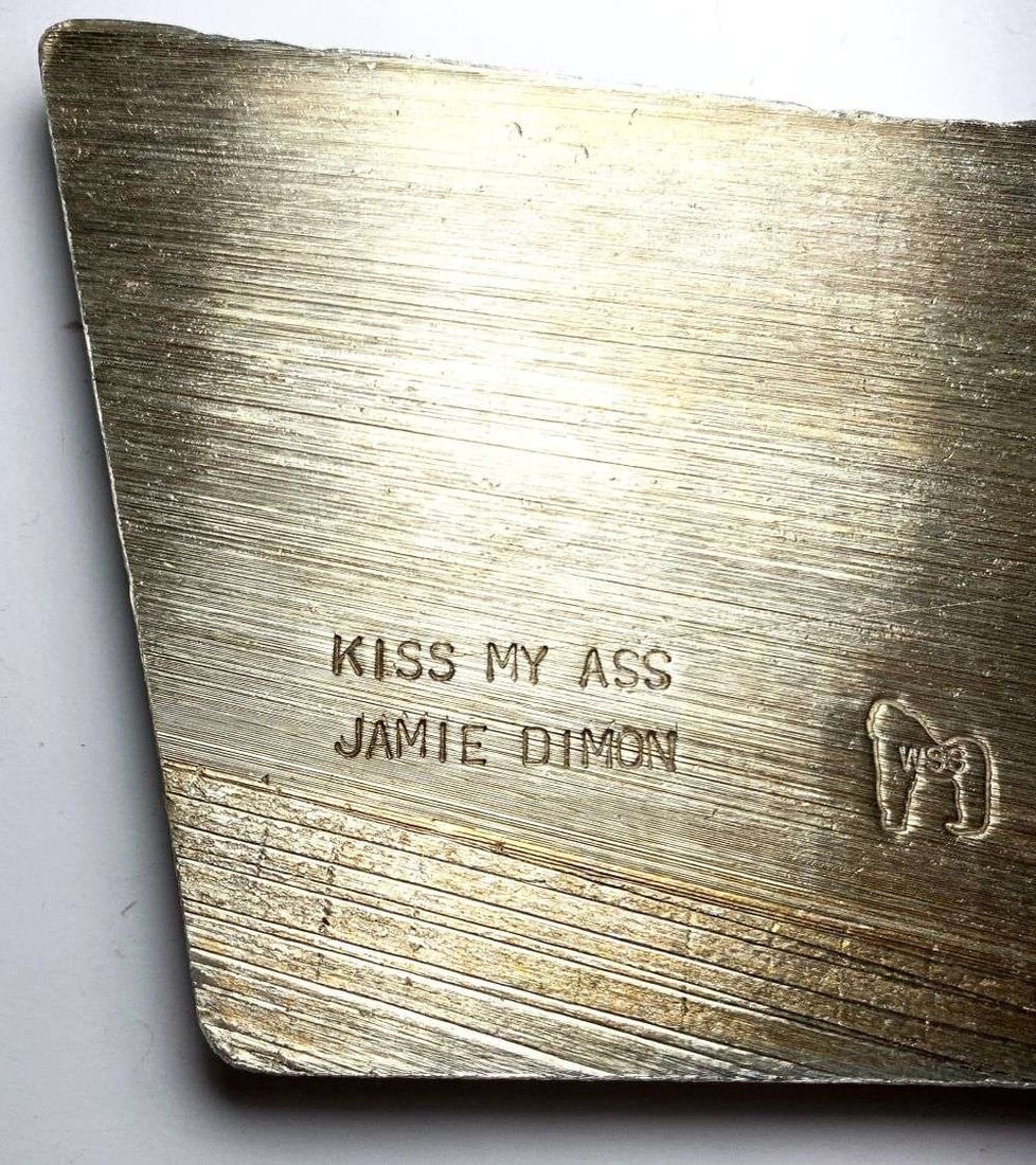 Rare Comex End Bar "Kiss My Ass Jamie Dimon" 32.5 ozt .999 Fine Silver: Winner shall receive the exact bar shown here. (MR/LFIT)