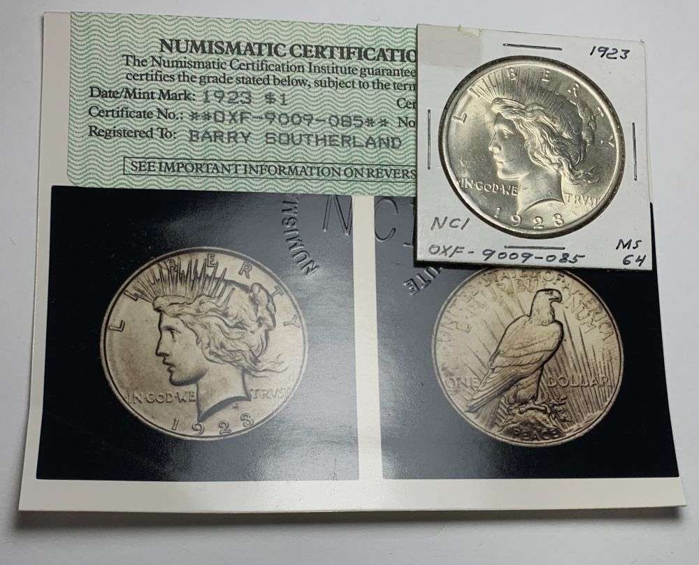 Vintage 1985 Grading Certified NCI 1923 Peace Silver Dollar MS64: By today's standards, these coins would grade an average of one to two grades higher than the old 1985 NCI grading. NCI was a wholly owned, top secret division of heritage auctions, yes the same folks