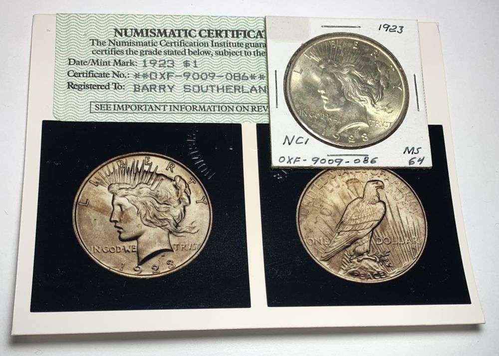 Vintage 1985 Grading Certified NCI 1923 Peace Silver Dollar MS64: By today's standards, these coins would grade an average of one to two grades higher than the old 1985 NCI grading. NCI was a wholly owned, top secret division of heritage auctions, yes the same folks