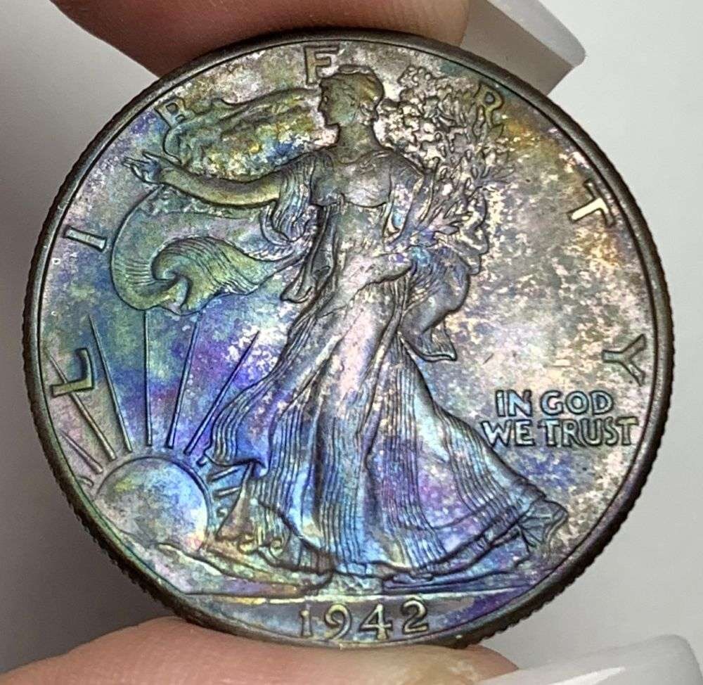 Toned 1942 Walking Liberty Silver Half Dollar AU50: Winner shall receive the exact coin shown here. (MR/B)