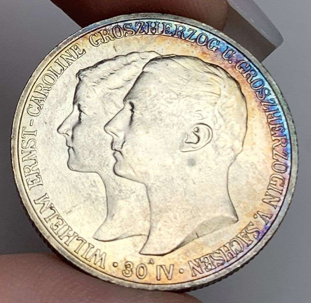 Toned 1903-A German Saxe-Weimar-Eisenach Silver 2 Marks 0.321 ozt ASW (1 of 2)