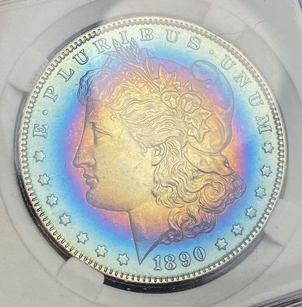 Rainbow Toned 1890-S Morgan Silver Dollar MS64: IMPORTANT NOTE: We do not agree with the grade provided with this "off-brand" grading company. Winner shall receive the exact coin shown here. (RR)