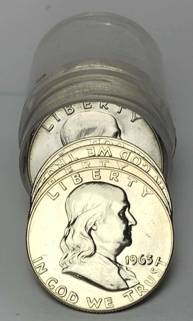 Roll (10) 1963-D Franklin Silver Half Dollar Mint Condition: Winner shall receive the exact roll (10-coins) shown here. (MR/LUT)