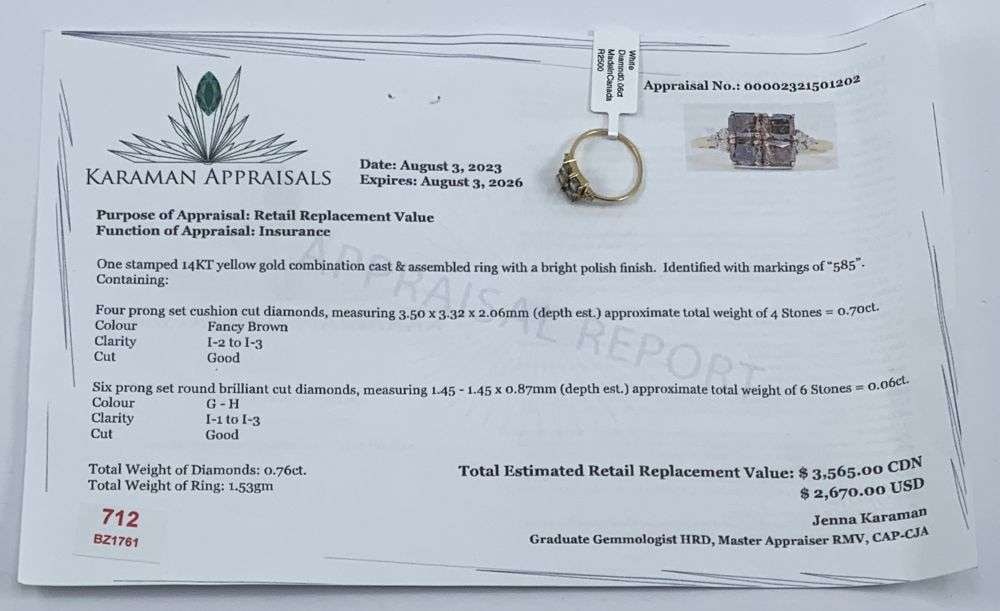 0.70ct Brown Cushion Cut Diamond 14k Yellow Gold Ring (size 6): Winner shall receive the exact item shown here. (MR)