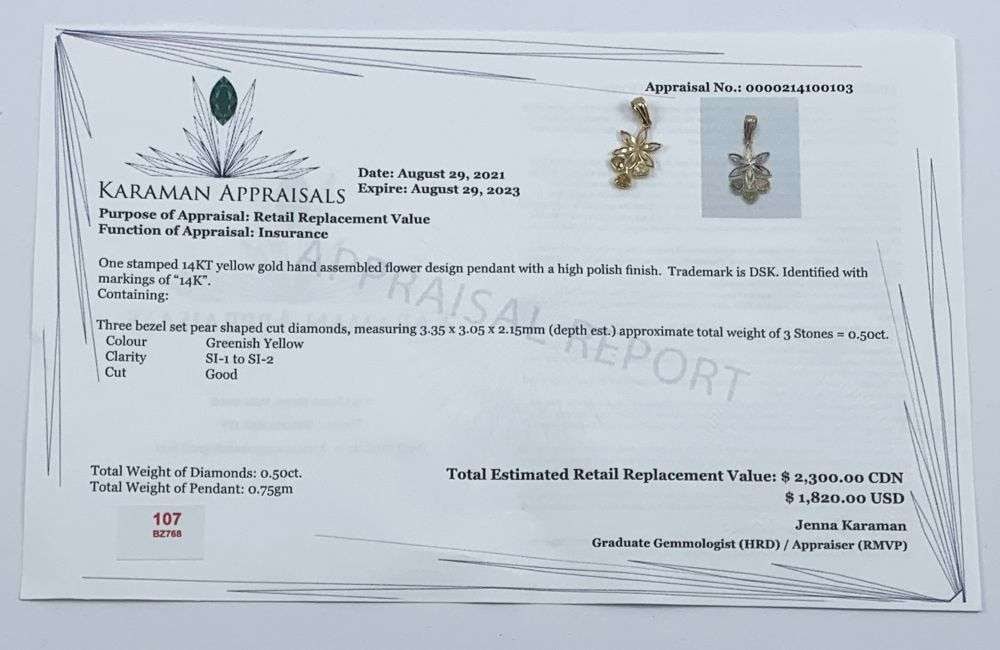 0.50ct Green Bezel Pear Cut Diamond 14k Yellow Gold Pendant: Winner shall receive the exact item shown here. (MR)