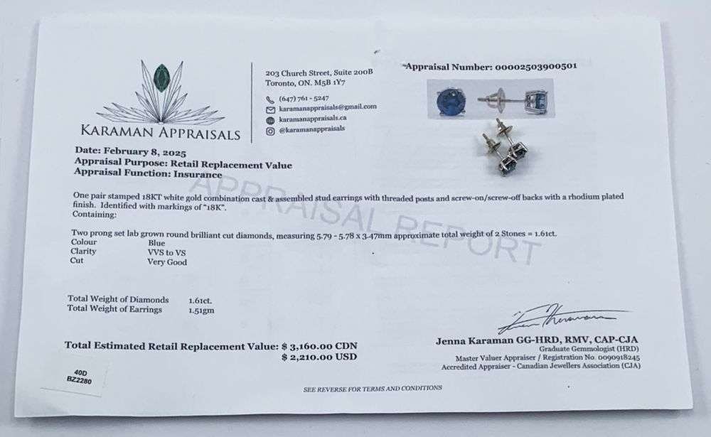 1.61ct Blue Round Cut Diamond 18k White Gold Earrings: Winner shall receive the exact item shown here. (MR)