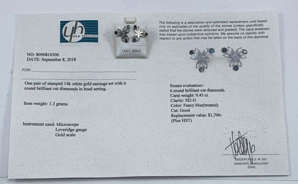 0.45ct Blue Round Cut Diamond 14k White Gold Earrings: Winner shall receive the exact item shown here. (MR)