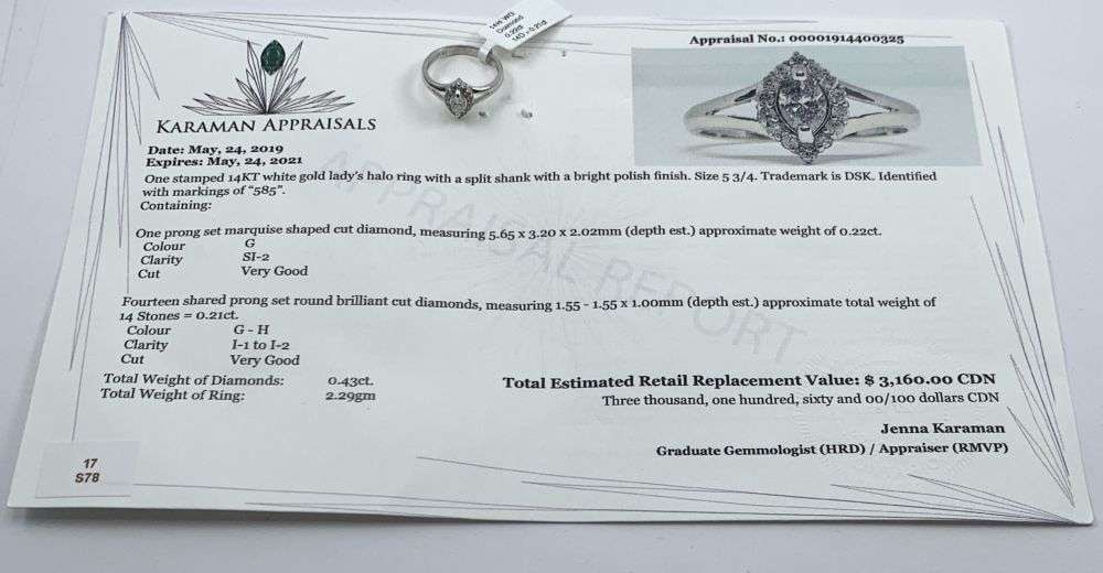0.22ct Marquise Diamond W/ 0.21ct Round Diamonds 14k White Gold Ring (size 6): Winner shall recieve the exact item shown here. (MR)