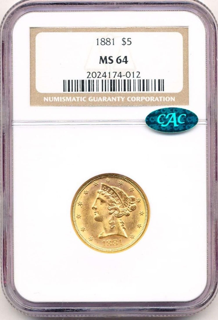 1881 Gold $5 Liberty Head NGC MS64 CAC: Winner shall receive the exact coin shown here. (MR/TVC=LBBR)
