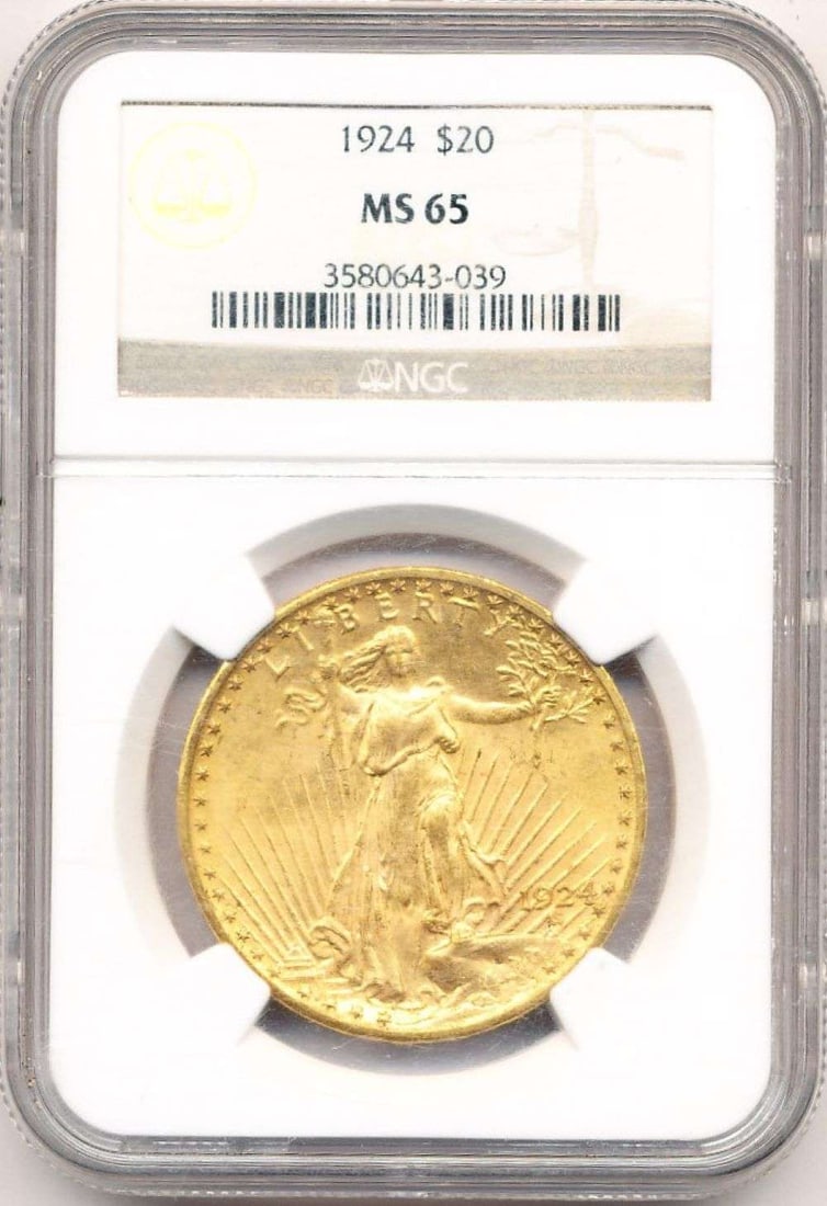 1924 Gold $20 Saint Gaudens NGC MS65: Winner shall receive the exact coin shown here. (MR/TVC=EFRB)