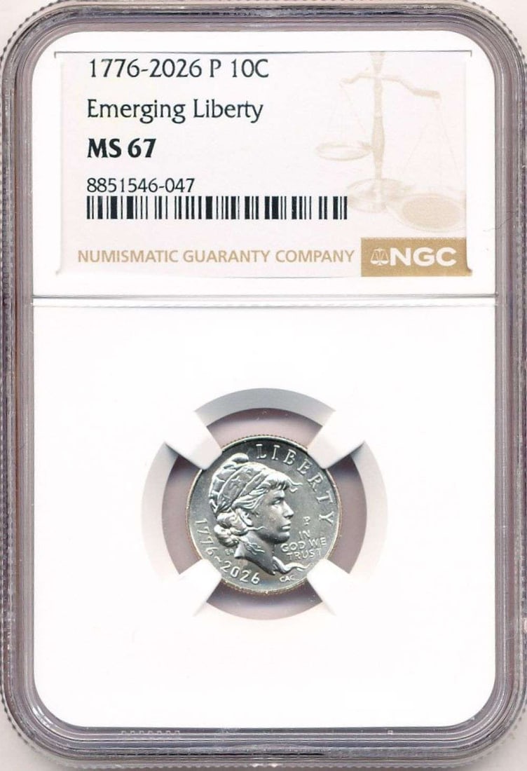 Last Minute! 1776-2026-P Emerging Liberty Dime NGC MS67: Winner shall receive the exact coin shown here. (MR/TVC=B)