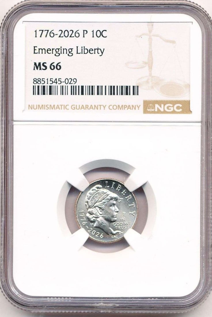 Last Minute! 1776-2026-P Emerging Liberty Dime NGC MS66: Winner shall receive the exact coin shown here. (MR/TVC=B)