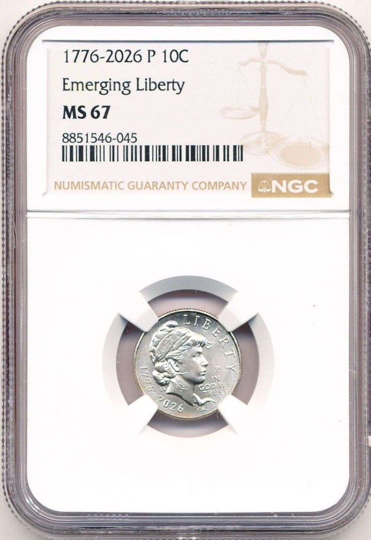 Last Minute! 1776-2026-P Emerging Liberty Dime NGC MS67: Winner shall receive the exact coin shown here. (MR/TVC=B)