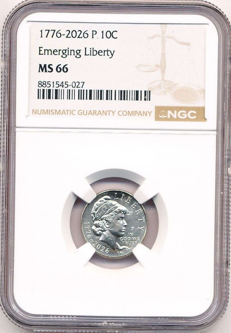 Last Minute! 1776-2026-P Emerging Liberty Dime NGC MS66: Winner shall receive the exact coin shown here. (MR/TVC=B)