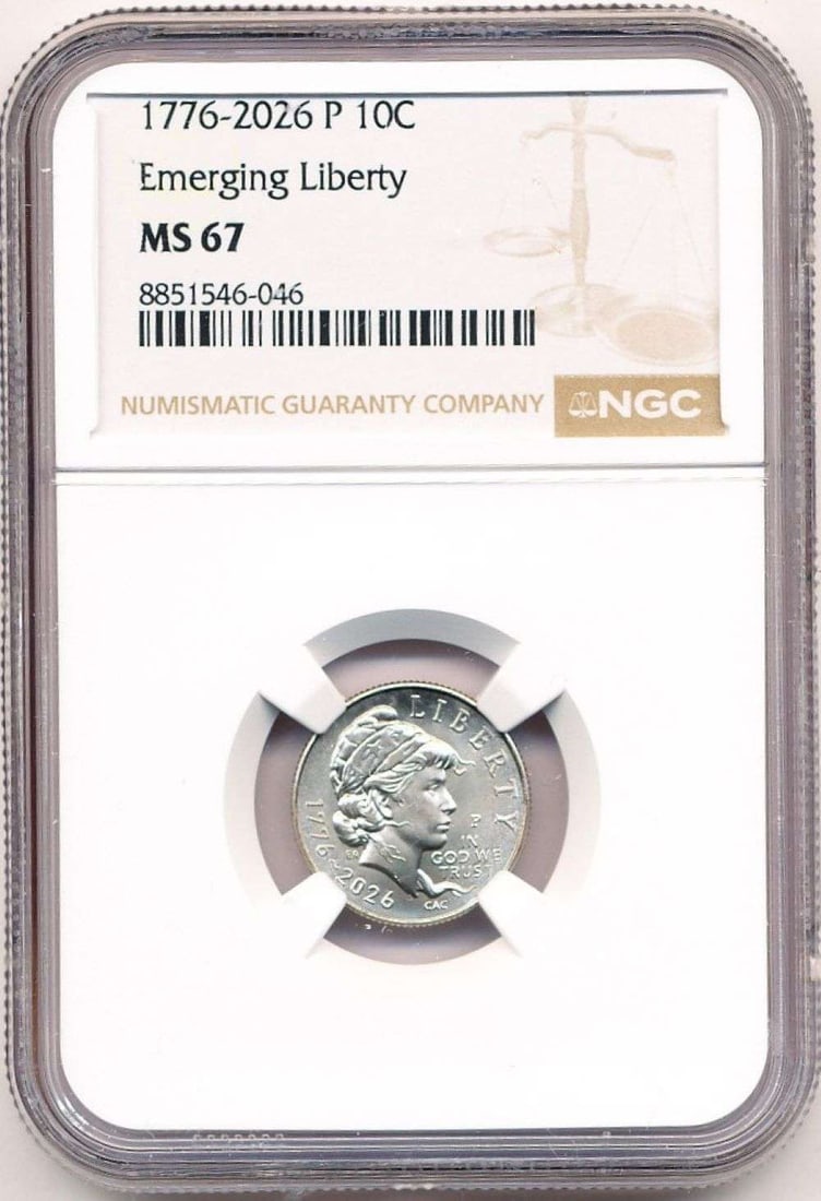 Last Minute! 1776-2026-P Emerging Liberty Dime NGC MS67: Winner shall receive the exact coin shown here. (MR/TVC=B)