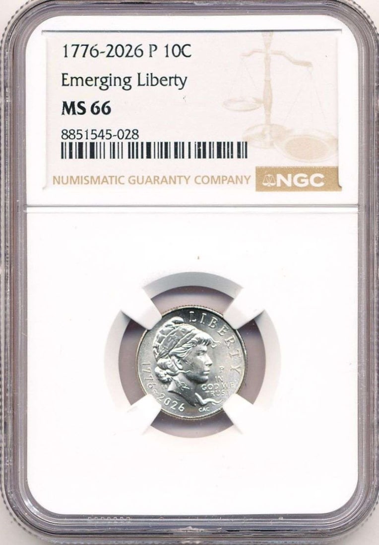 Last Minute! 1776-2026-P Emerging Liberty Dime NGC MS66: Winner shall receive the exact coin shown here. (MR/TVC=B)