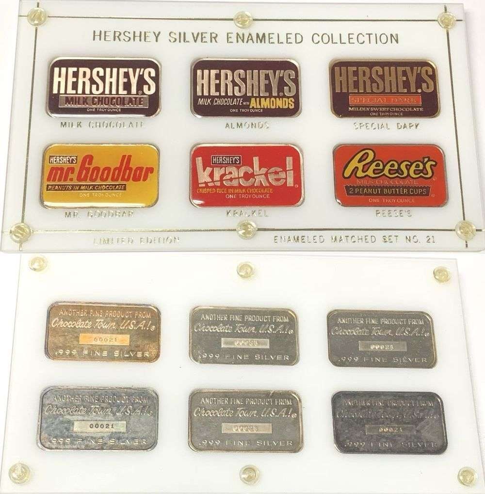 Low Serial Number Trinity Mint Hershey Silver Enameled Set .999 Silver (6-bars): Winner shall receive the exact set (6-bars) shown here. (MR/ERB)