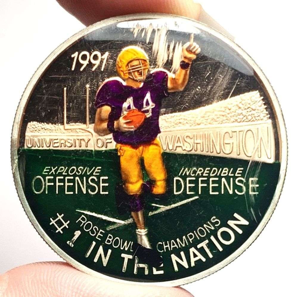 1991 University Of Washington College Football National Champions Enamel 1 ozt .999 Silver: Winner shall receive the exact coin shown here. (MR/RB)