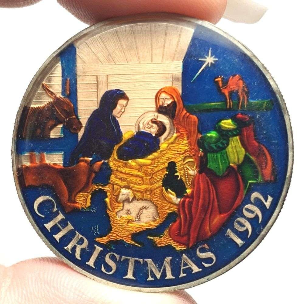 1992 Christ... The True Meaning Of Christmas Enamal 1 ozt .999 Silver: Winner shall receive the exact coin shown here. (MR/RB)