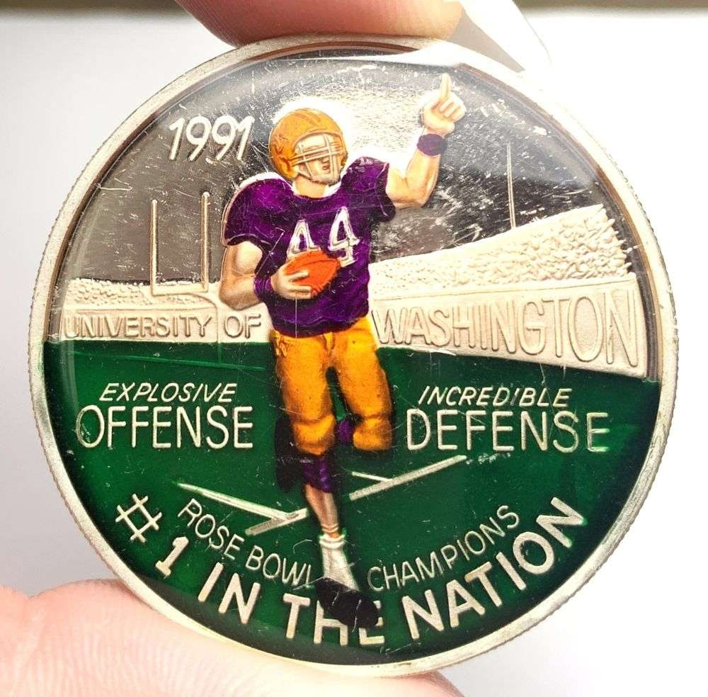 1991 University Of Washington College Football National Champions Enamel 1 ozt .999 Silver: Winner shall receive the exact coin shown here. (MR/RB)